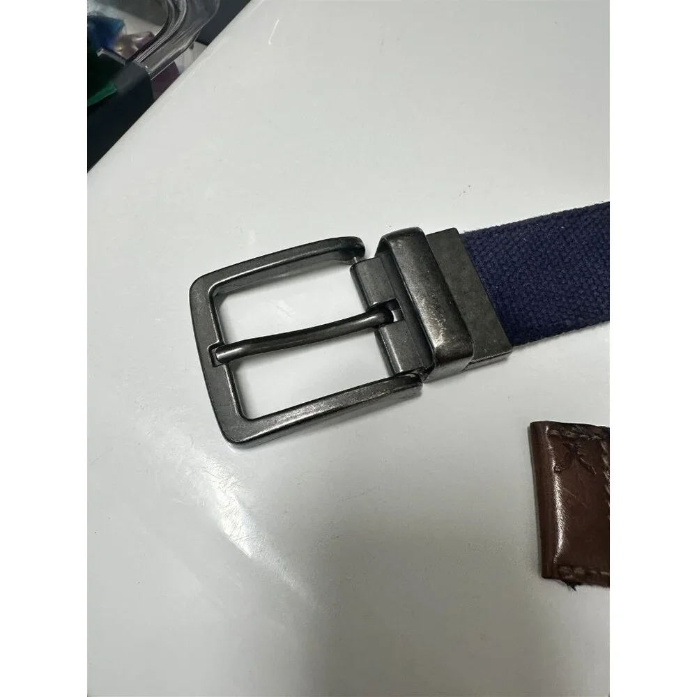 American Eagle Web Canvas Mens Belt Reversible Metal Buckle Blue White Logo